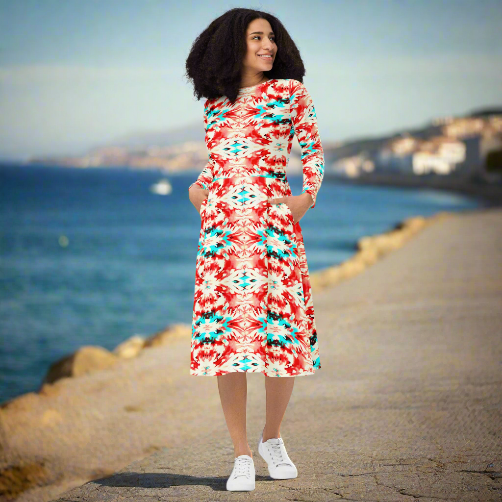 URCHIN Clothes 'CORAL SEA' Red and Blue Tie Dye. Long Sleeve Midi Dress. Choice of Sizes.
