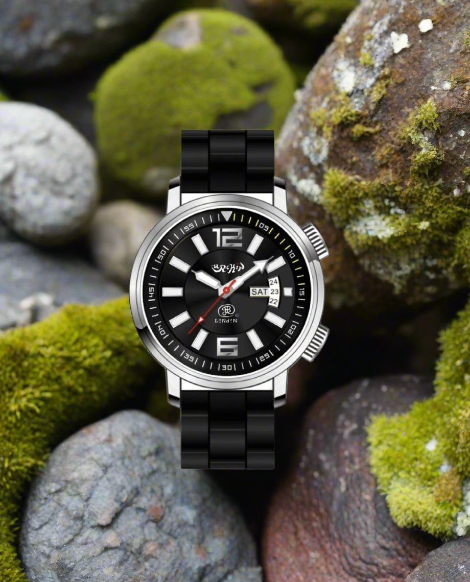 URCHIN Accessories & Watches. Black 'RETRO DIVER' 'Urchin London' Logo Watch. Rubber Strap. *To Order only.