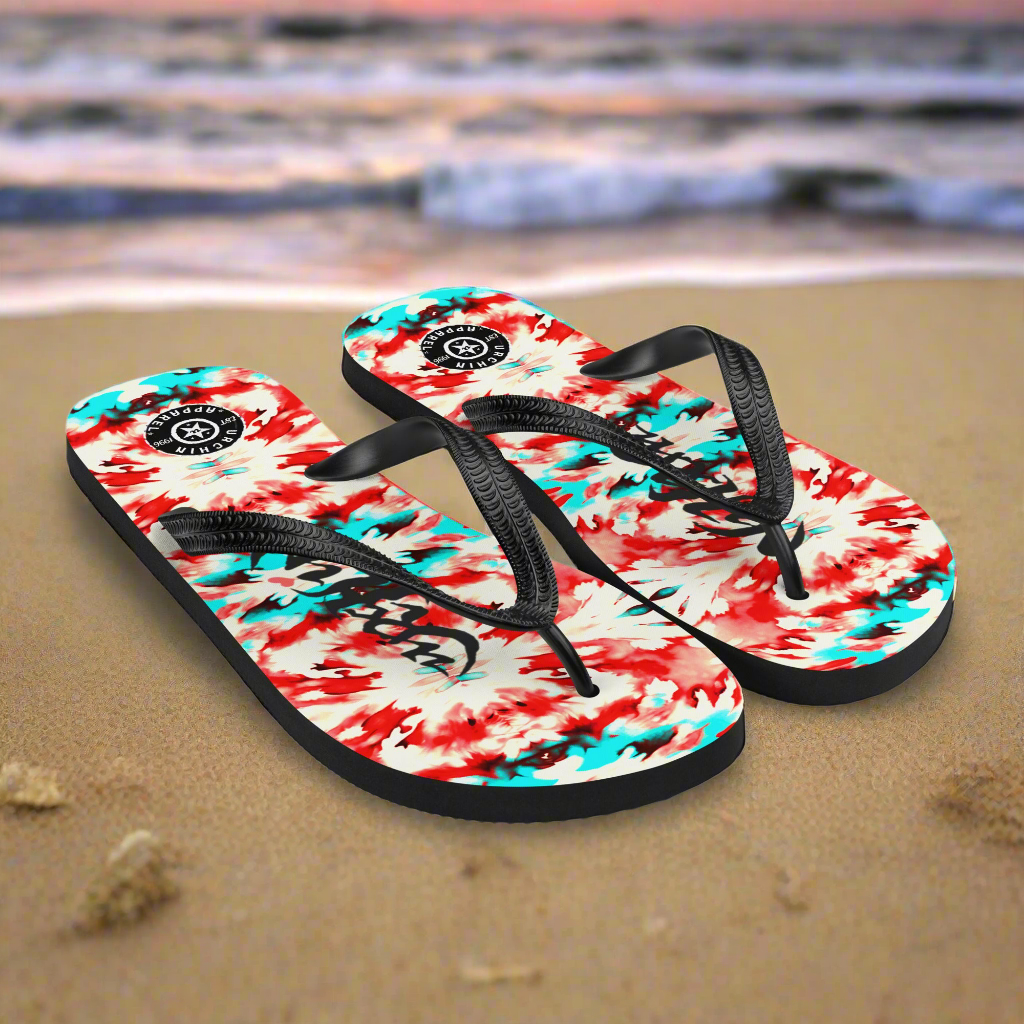 URCHIN Footwear. 'CORAL SEA' Red and Blue Tie Dye. Unisex Flip-Flops. Choice of Sizes.