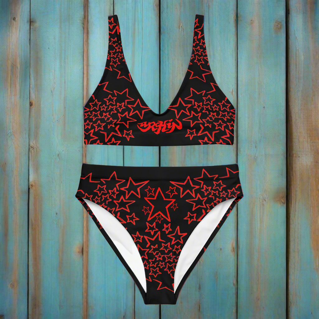 URCHIN Clothes & Swimwear. 'STAR FALL' Red on Black. Recycled padded bikini top. Choice of Sizes.