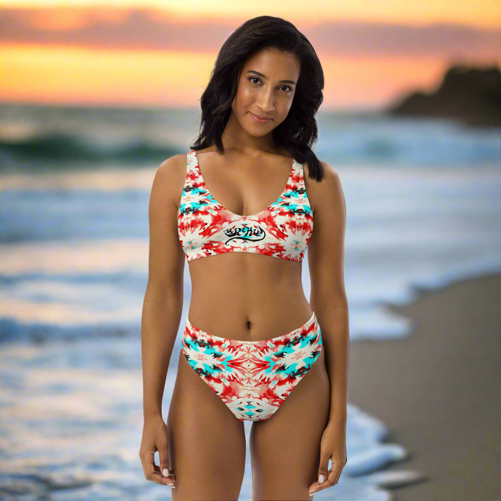URCHIN Clothes & Swimwear. 'CORAL SEA' Red and Blue Tie Dye. Recycled High Waisted Bikini. Choice of Sizes.