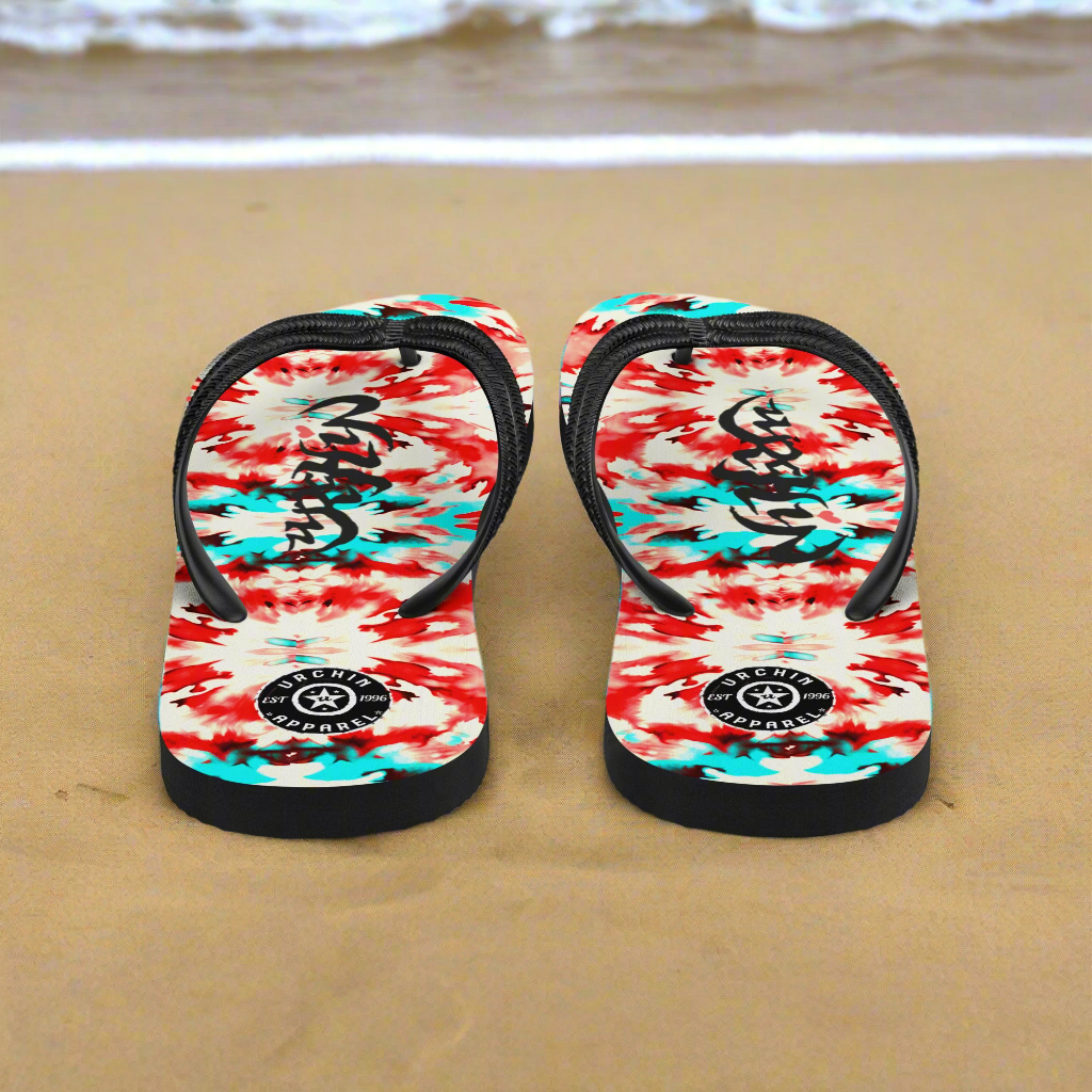 URCHIN Footwear. 'CORAL SEA' Red and Blue Tie Dye. Unisex Flip-Flops. Choice of Sizes.