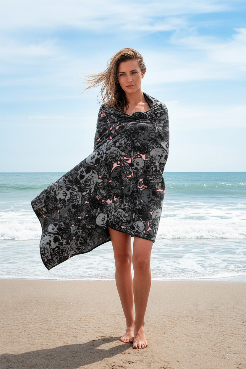 URCHIN 'Skull Storm' Towel. Colour 'Coral'( Pink ). 2 Sizes.