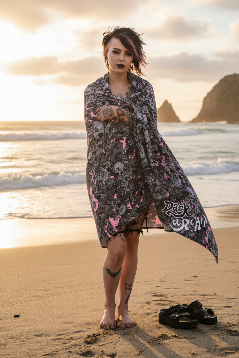 URCHIN 'Skull Storm' Towel. Colour 'Coral'( Pink ). 2 Sizes.