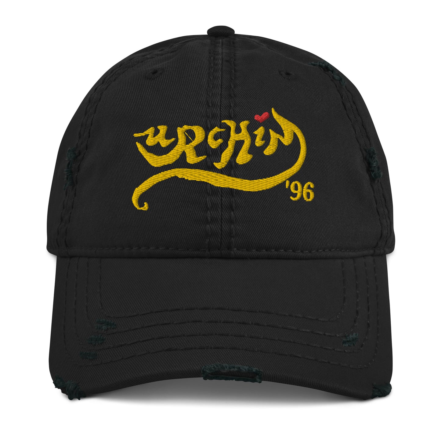 URCHIN Headwear 'Urchin 96' Logo- Baseball Cap. Gold Logo. Lightly Distressed. Embroidered front and side Design. Choice of Colours.