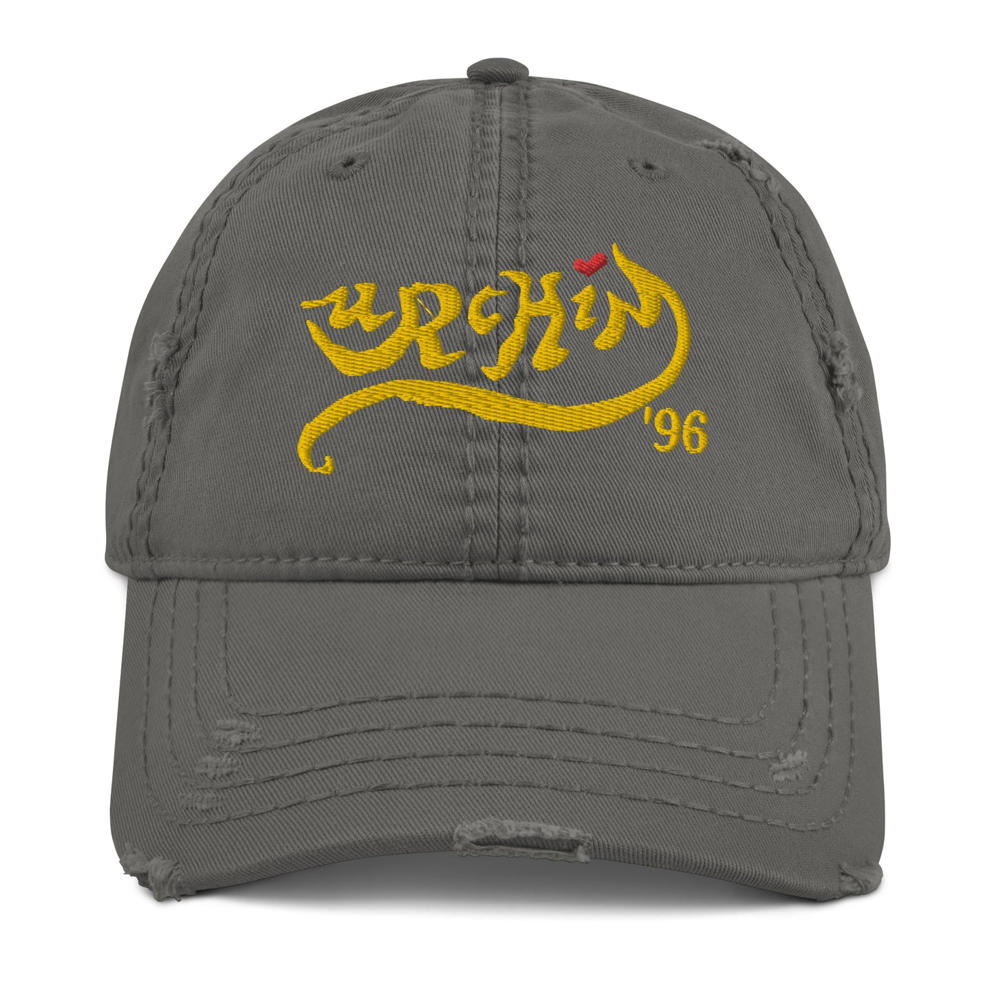URCHIN Headwear 'Urchin 96' Logo- Baseball Cap. Gold Logo. Lightly Distressed. Embroidered front and side Design. Choice of Colours.