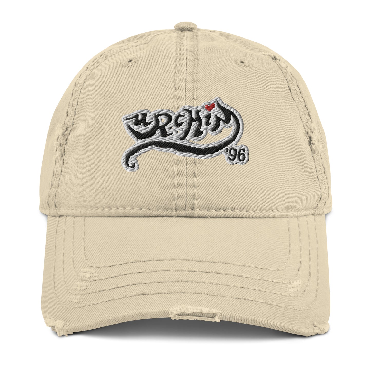 URCHIN Hat- 'Urchin 96' Black Logo on White Cap. 100% Cotton. Lightly Distressed. Choice of Colours. Unisex.