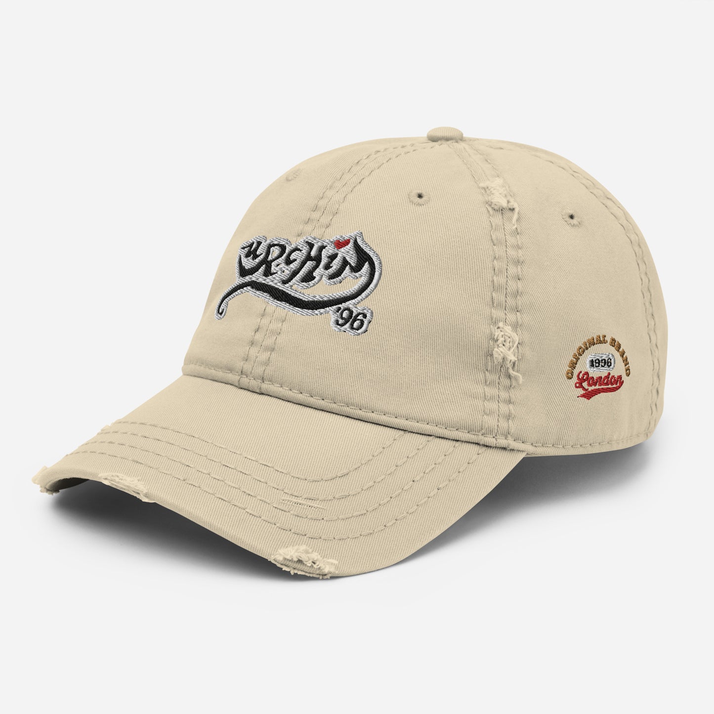 URCHIN Hat- 'Urchin 96' Black Logo on White Cap. 100% Cotton. Lightly Distressed. Choice of Colours. Unisex.