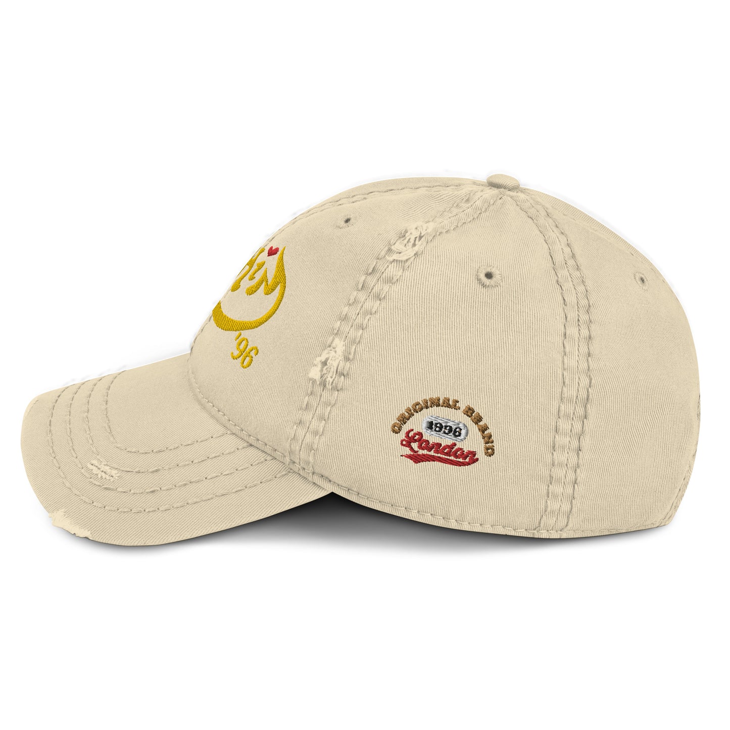 URCHIN Headwear 'Urchin 96' Logo- Baseball Cap. Gold Logo. Lightly Distressed. Embroidered front and side Design. Choice of Colours.