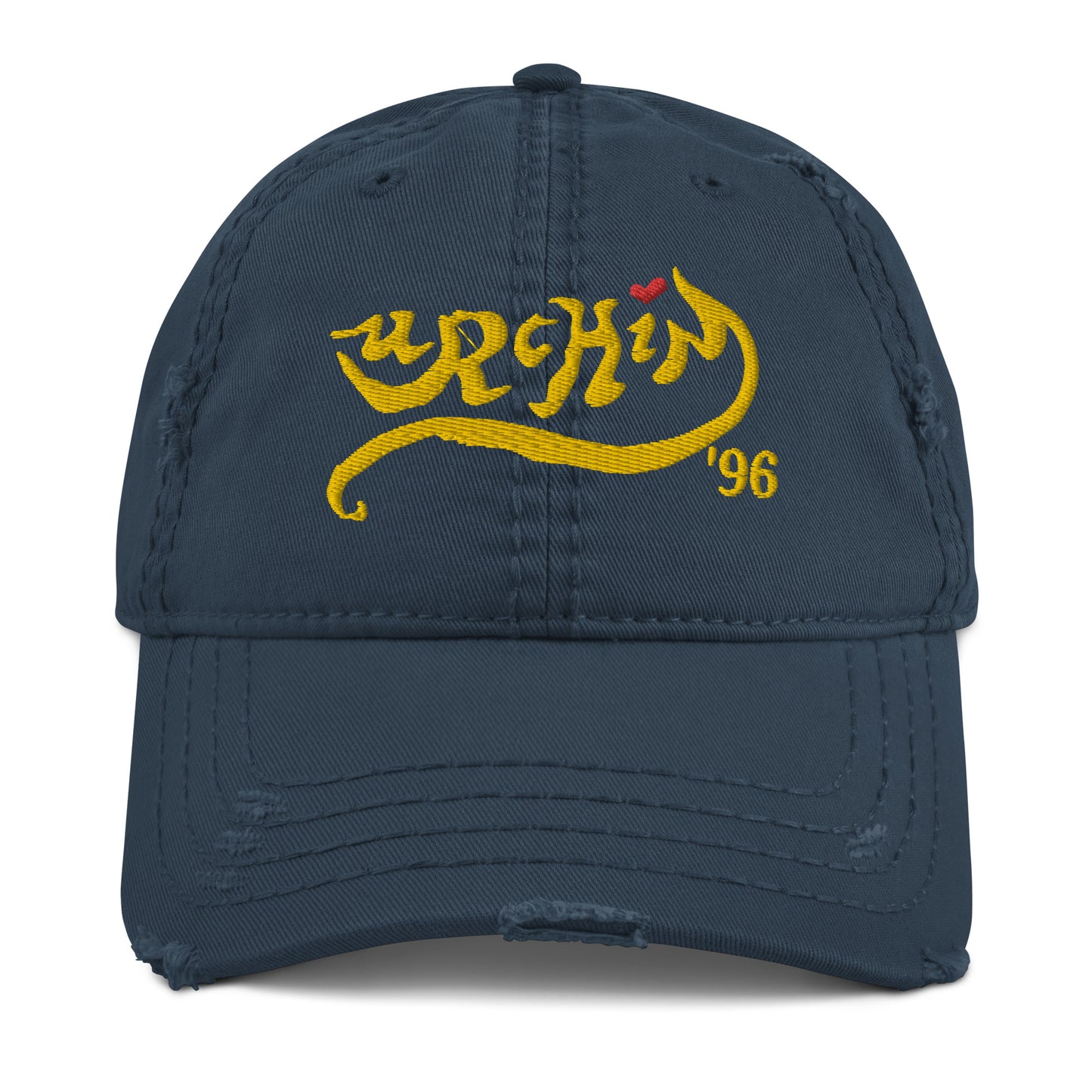 URCHIN Headwear 'Urchin 96' Logo- Baseball Cap. Gold Logo. Lightly Distressed. Embroidered front and side Design. Choice of Colours.