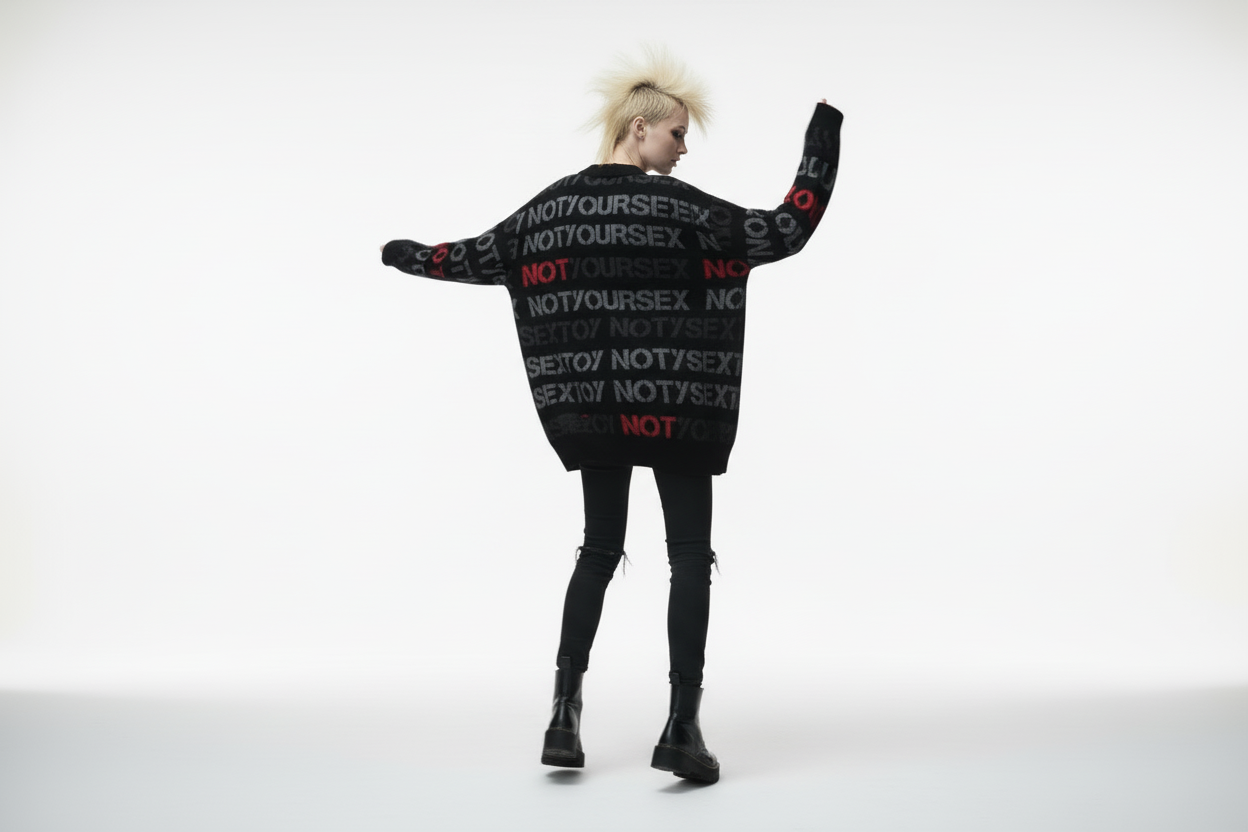 DARK URCHIN 'NOT YOUR SEX TOY'Knitted cardigan. Grey & Red on Black. XL