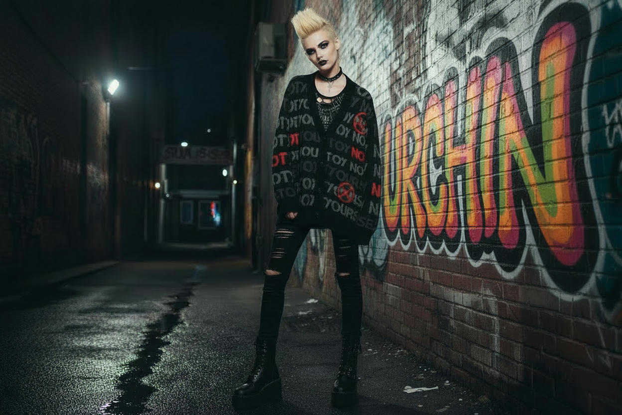 DARK URCHIN 'NOT YOUR SEX TOY'Knitted cardigan. Grey & Red on Black. XL