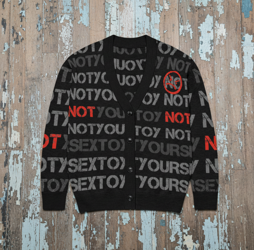 DARK URCHIN 'NOT YOUR SEX TOY'Knitted cardigan. Grey & Red on Black. XL