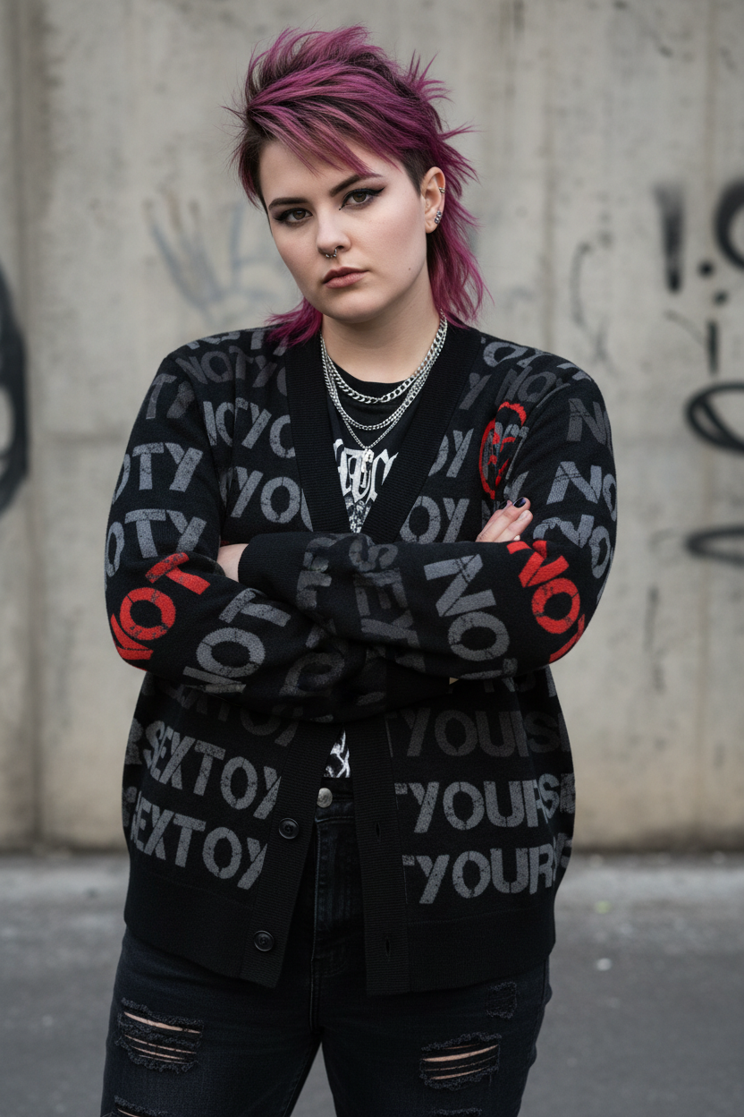 DARK URCHIN 'NOT YOUR SEX TOY'Knitted cardigan. Grey & Red on Black. XL