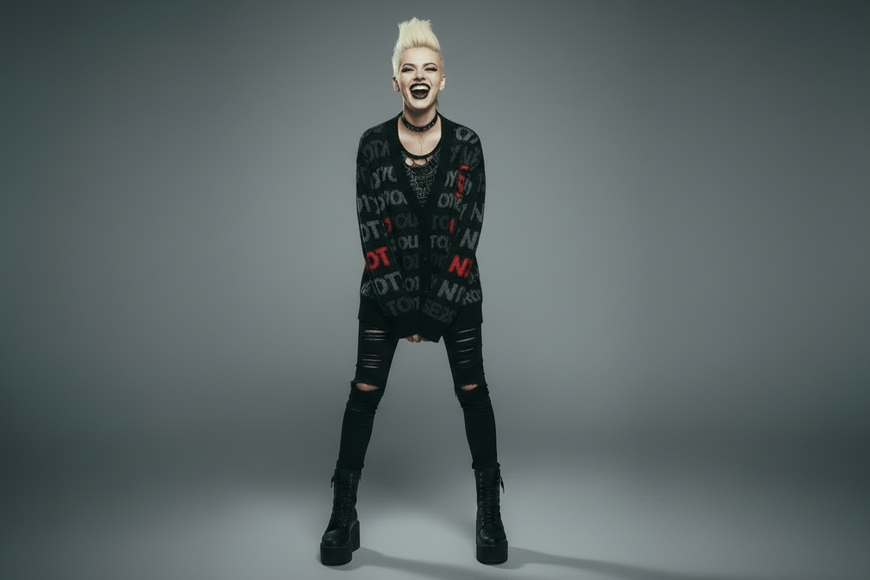 DARK URCHIN 'NOT YOUR SEX TOY'Knitted cardigan. Grey & Red on Black. XL