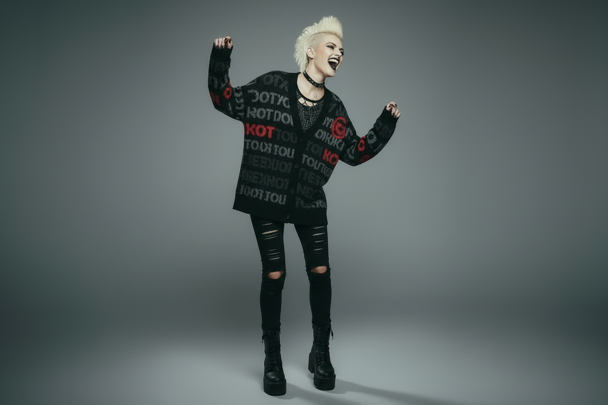 DARK URCHIN 'NOT YOUR SEX TOY'Knitted cardigan. Grey & Red on Black. XL