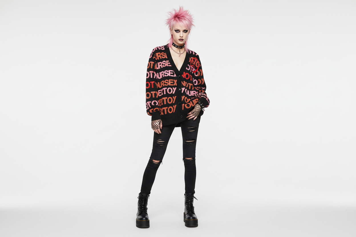 DARK URCHIN 'NOT YOUR SEX TOY' Knitted cardigan. Pink & Red on Black. XL