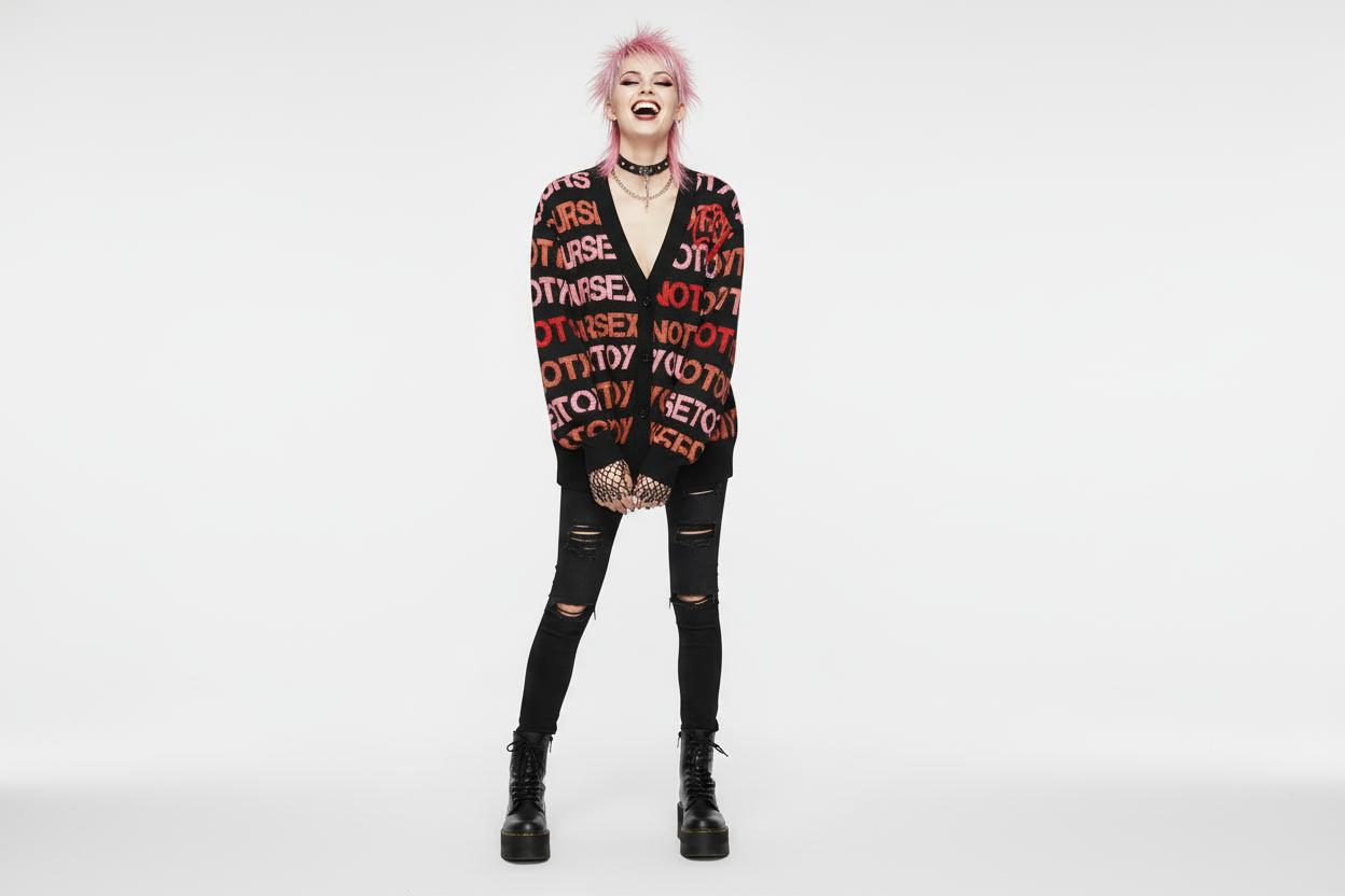 DARK URCHIN 'NOT YOUR SEX TOY' Knitted cardigan. Pink & Red on Black. XL