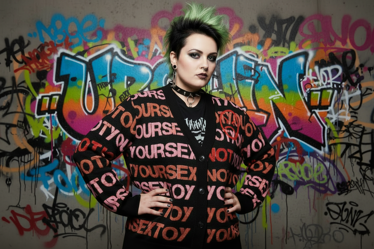 DARK URCHIN 'NOT YOUR SEX TOY' Knitted cardigan. Pink & Red on Black. XL