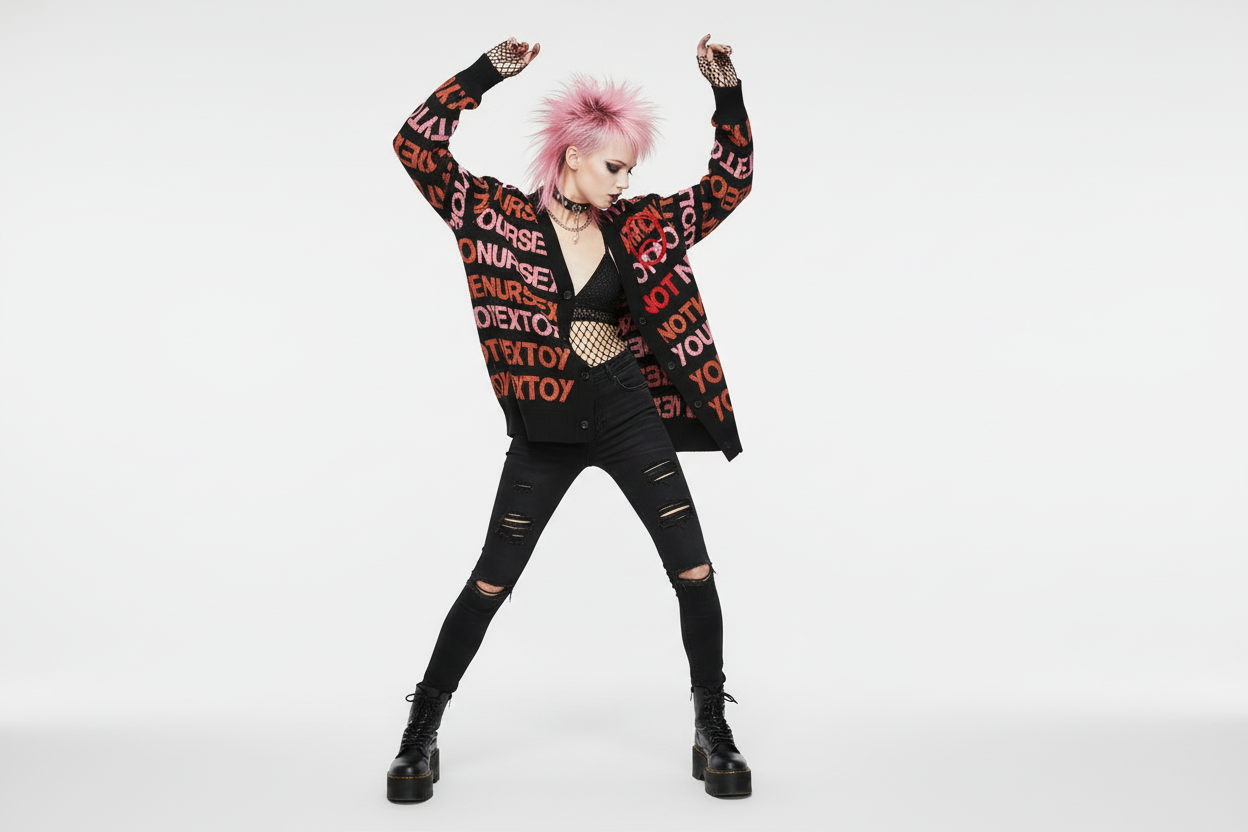 DARK URCHIN 'NOT YOUR SEX TOY' Knitted cardigan. Pink & Red on Black. XL
