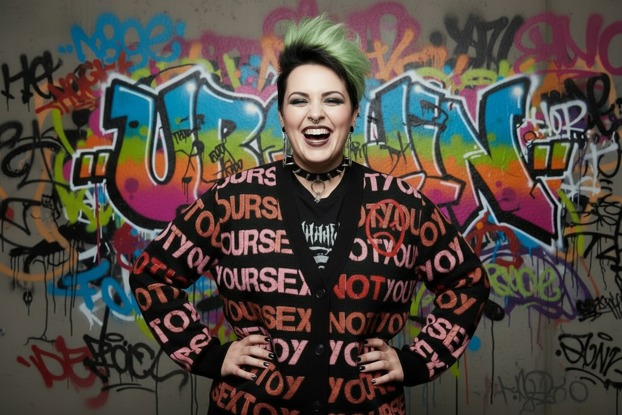DARK URCHIN 'NOT YOUR SEX TOY' Knitted cardigan. Pink & Red on Black. XL