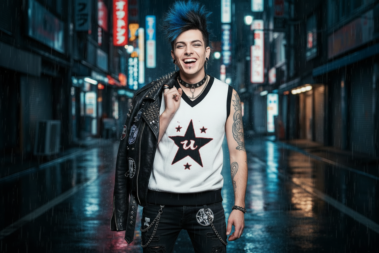 DARK URCHIN 'U STAR' V-neck knitted Sweater Vest. 9 Size Options.