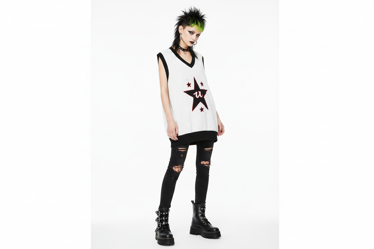 DARK URCHIN 'U STAR' V-neck knitted Sweater Vest. 9 Size Options.