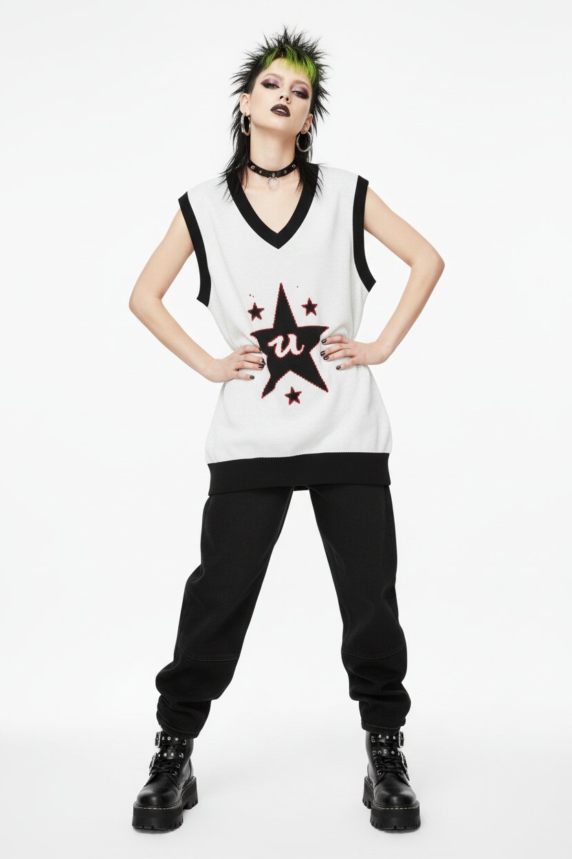 DARK URCHIN 'U STAR' V-neck knitted Sweater Vest. 9 Size Options.