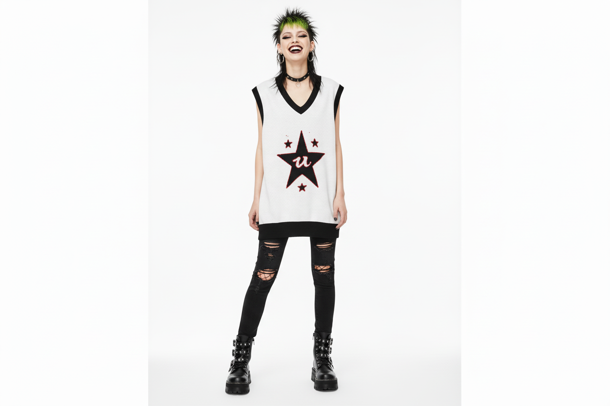 DARK URCHIN 'U STAR' V-neck knitted Sweater Vest. 9 Size Options.