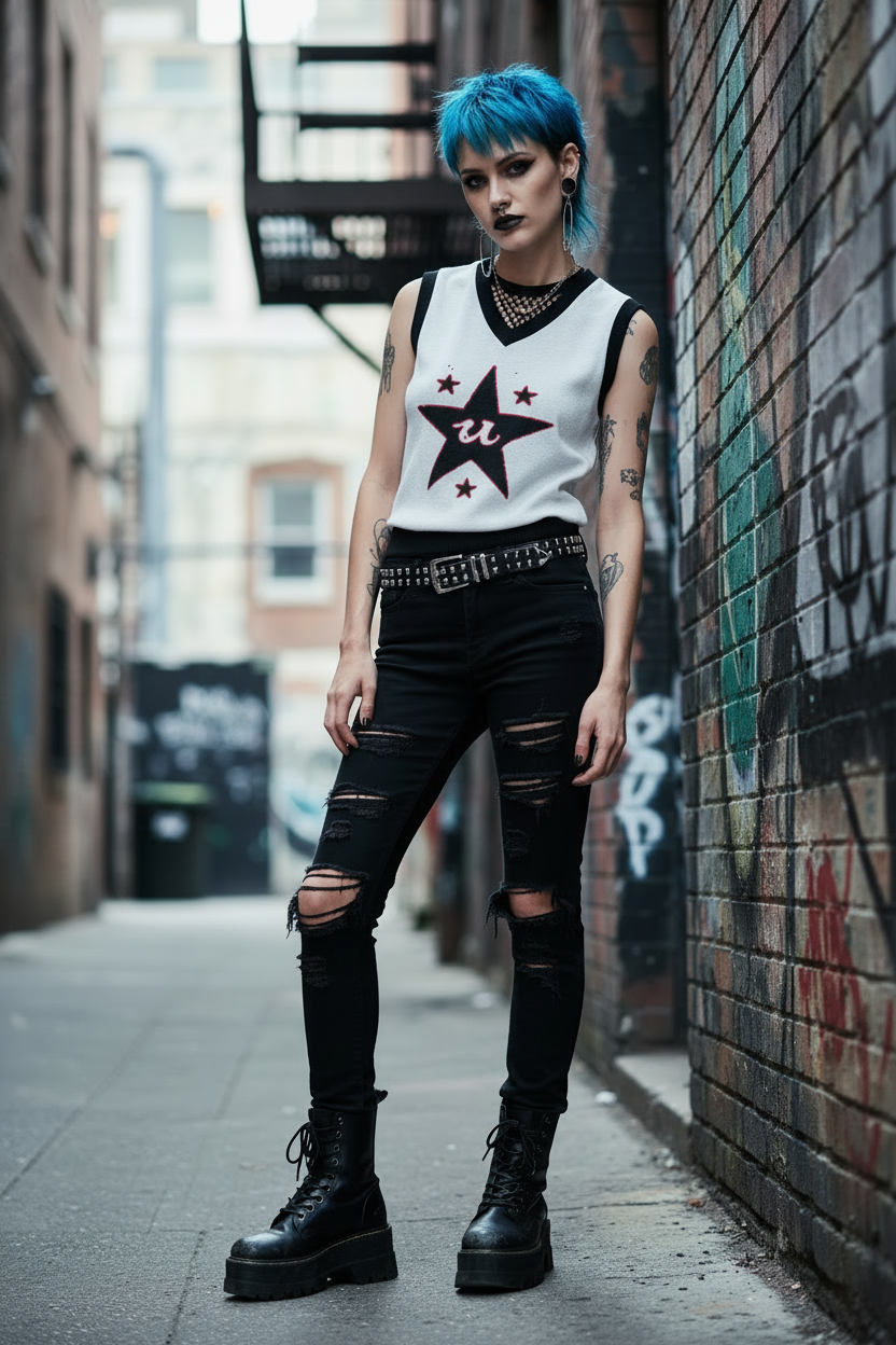 DARK URCHIN 'U STAR' V-neck knitted Sweater Vest. 9 Size Options.