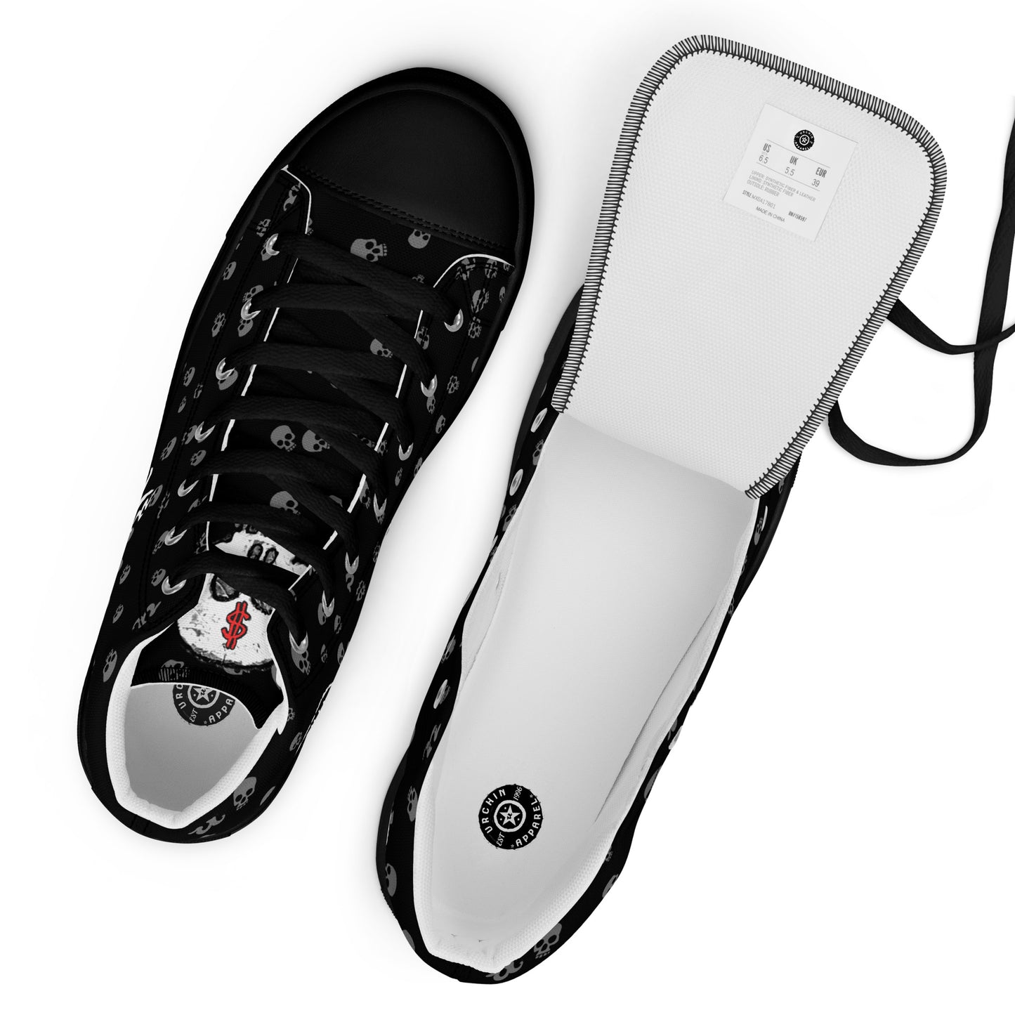 URCHIN Footwear 'SKULL STORM'. Mens high tops. Black or White Detailing Option. Choice of Sizes.