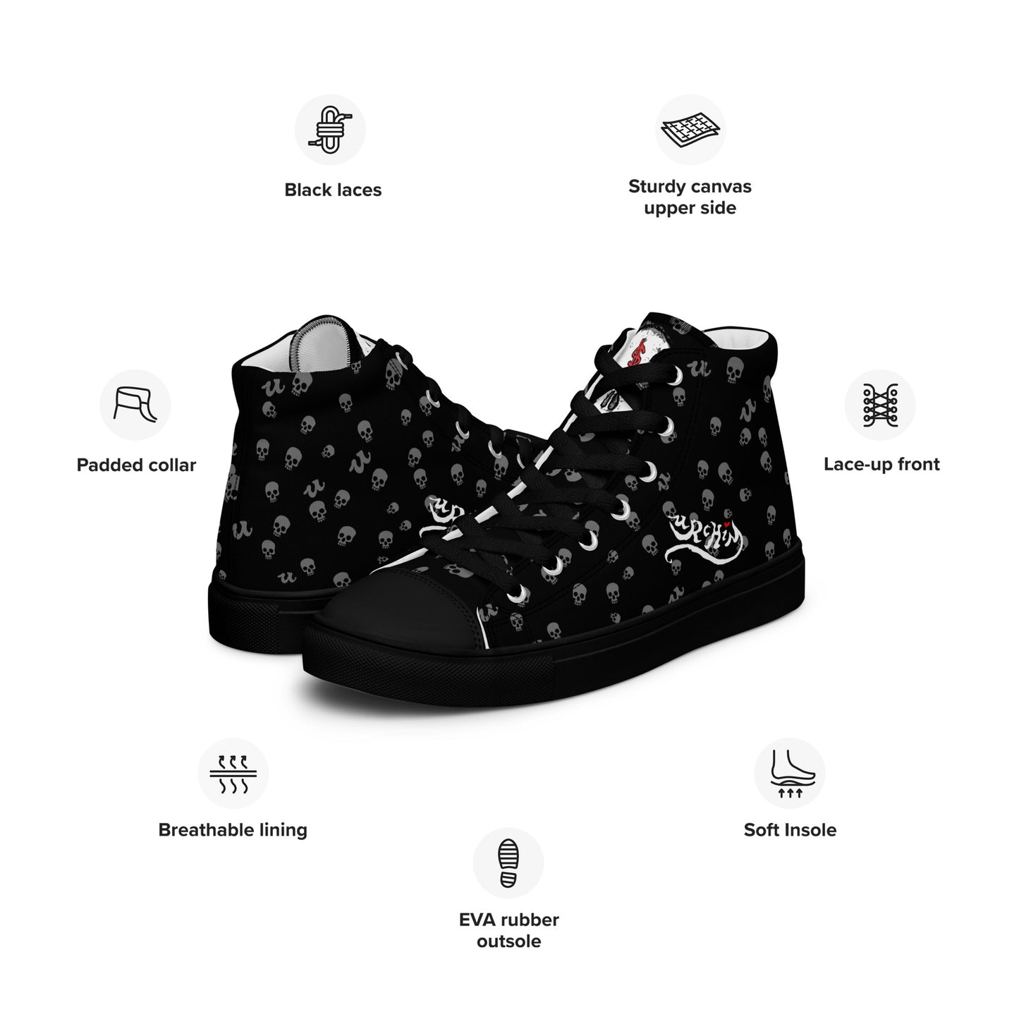 URCHIN Footwear 'SKULL STORM'. Mens high tops. Black or White Detailing Option. Choice of Sizes.