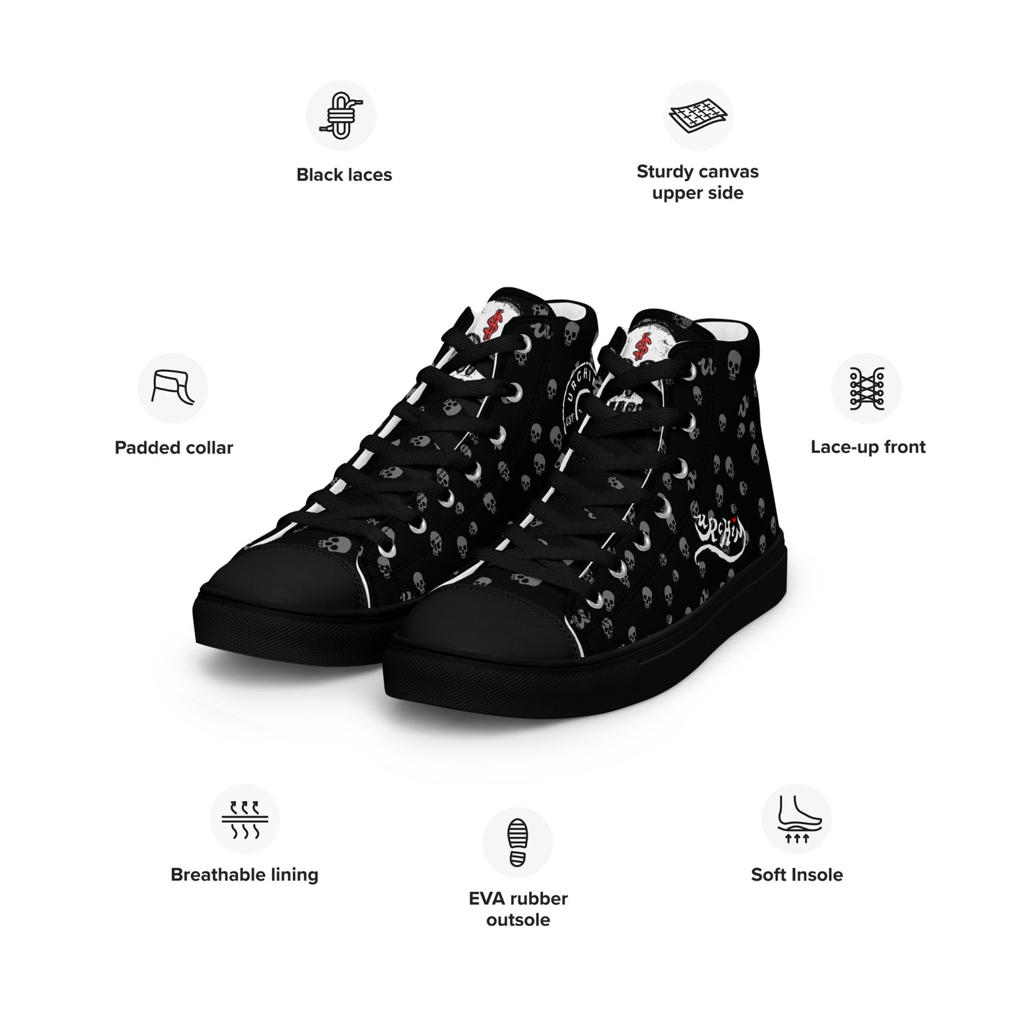 URCHIN Footwear 'SKULL STORM'. Mens high tops. Black or White Detailing Option. Choice of Sizes.
