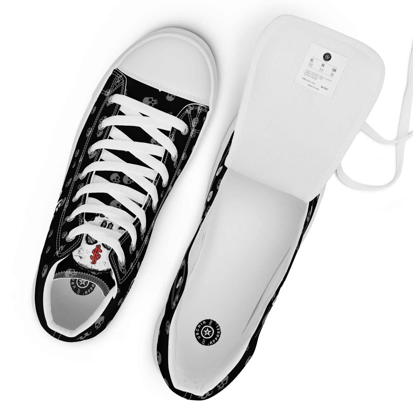 URCHIN Footwear 'SKULL STORM'. Mens high tops. Black or White Detailing Option. Choice of Sizes.