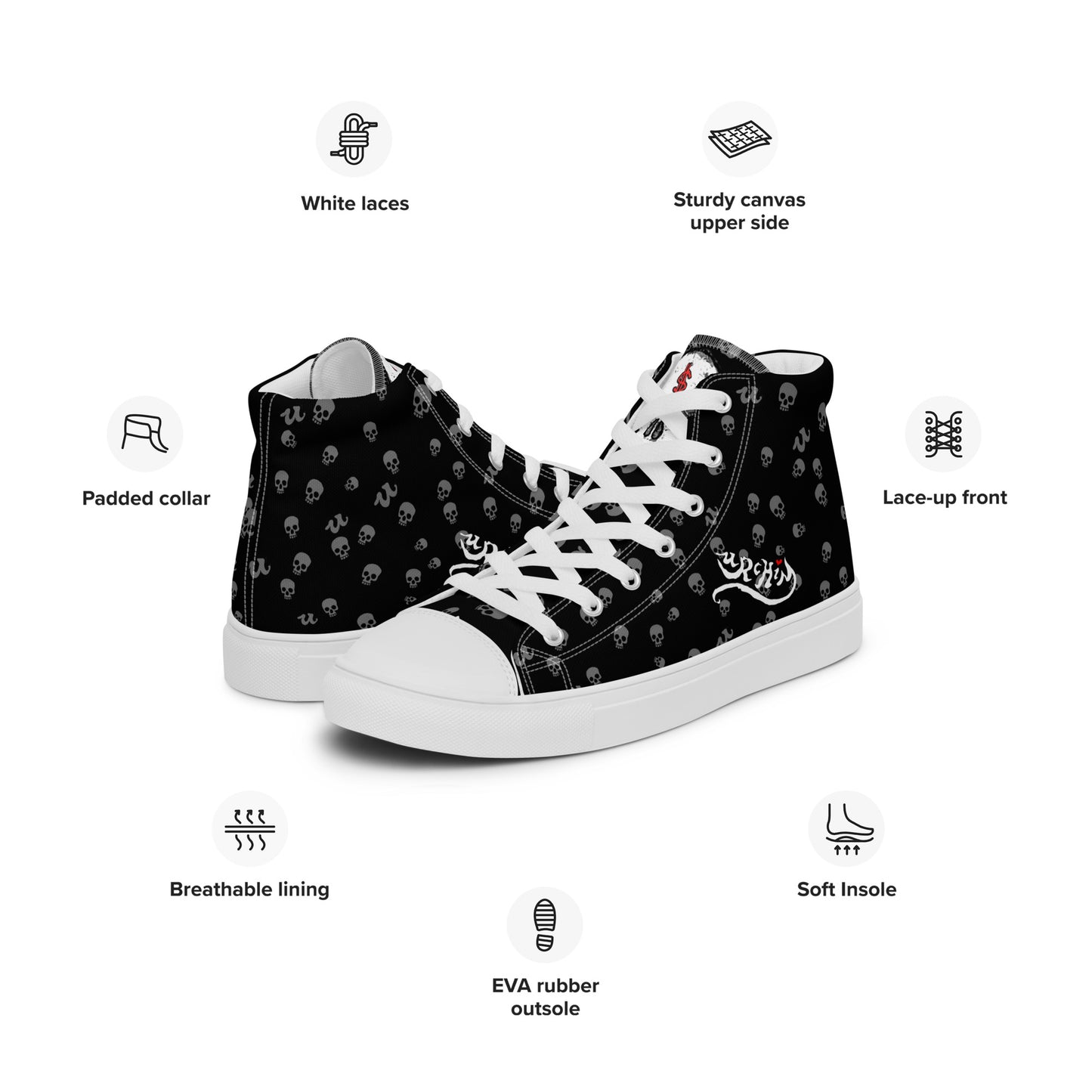URCHIN Footwear 'SKULL STORM'. Mens high tops. Black or White Detailing Option. Choice of Sizes.