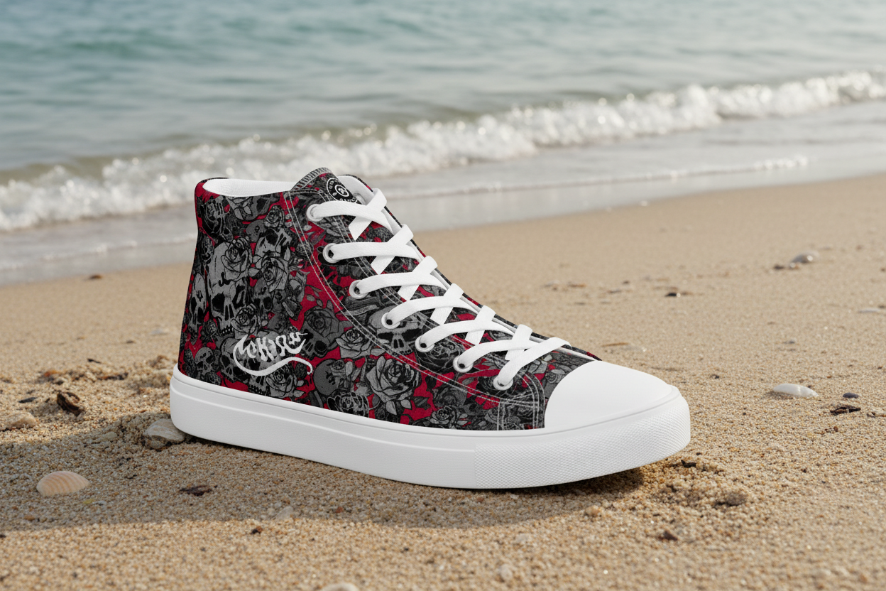 URCHIN 'Skull Storm' Dark Grape (Deep Red). Mens Lace Up Hi Tops. Choice of Sizes.