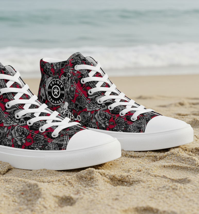 URCHIN 'Skull Storm' Dark Grape (Deep Red). Mens Lace Up Hi Tops. Choice of Sizes.