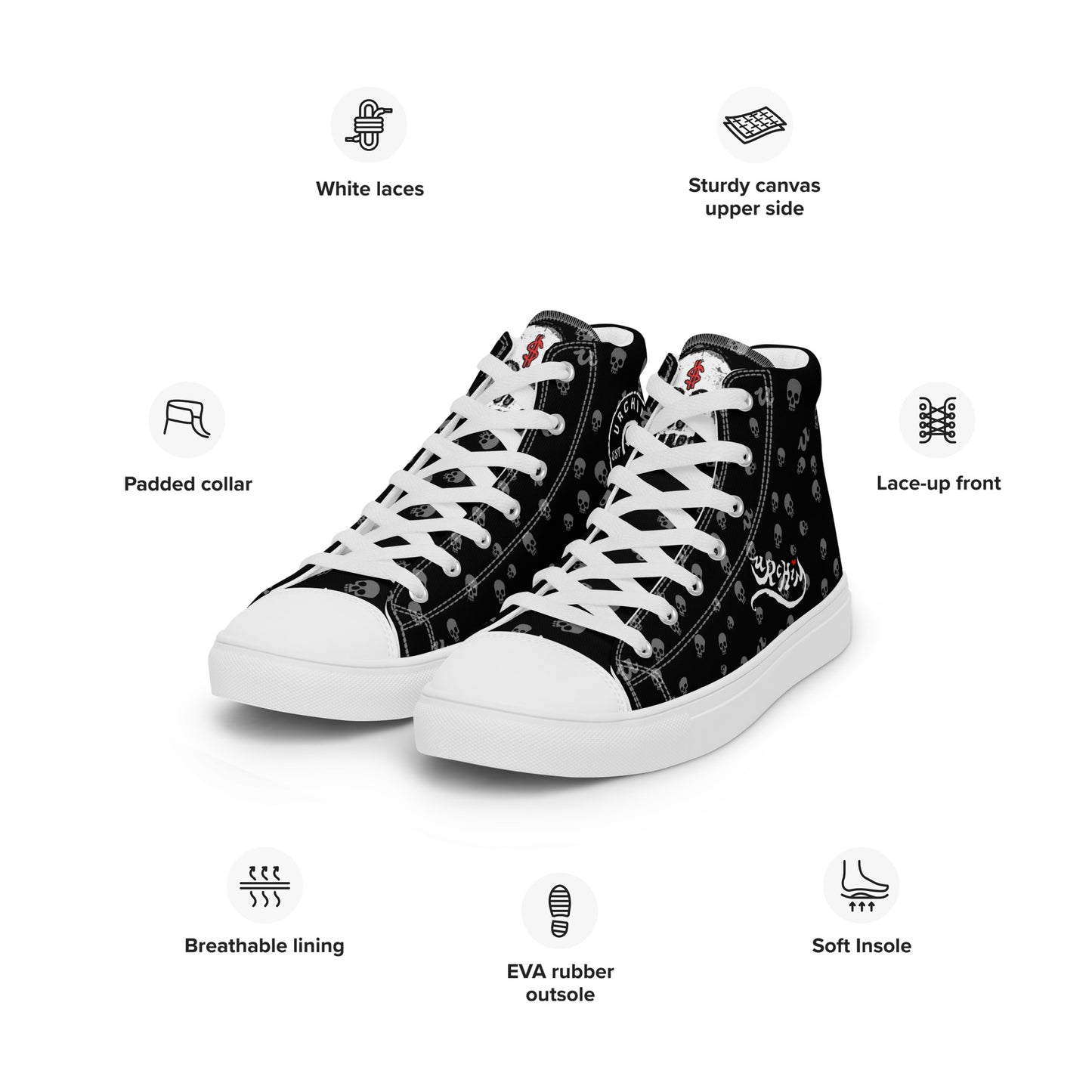 URCHIN Footwear 'SKULL STORM'. Mens high tops. Black or White Detailing Option. Choice of Sizes.
