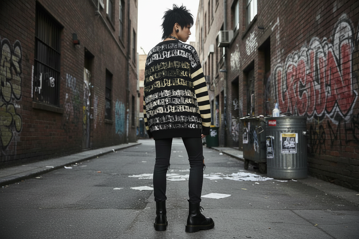 DARK URCHIN 'PUNK STATE' MENACE Unisex Relaxed fit knitted crew neck sweater.