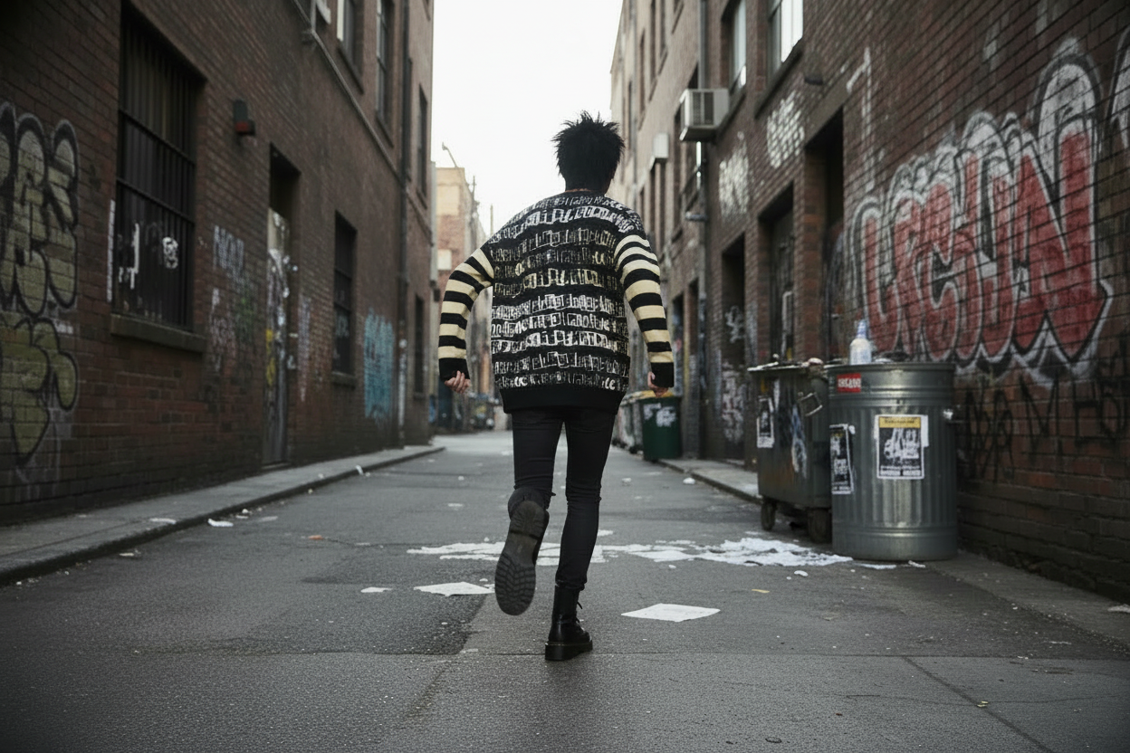 DARK URCHIN 'PUNK STATE' MENACE Unisex Relaxed fit knitted crew neck sweater.