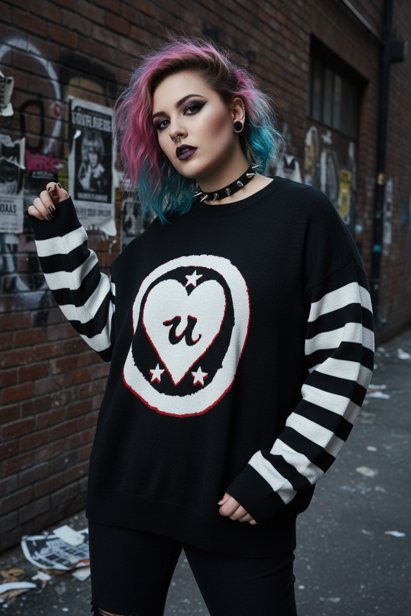 DARK URCHIN 'LOVE U' MENACE Relaxed fit knitted crew neck sweater. White Heart. XL