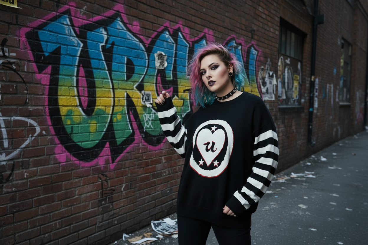 DARK URCHIN 'LOVE U' MENACE Relaxed fit knitted crew neck sweater. White Heart. XL