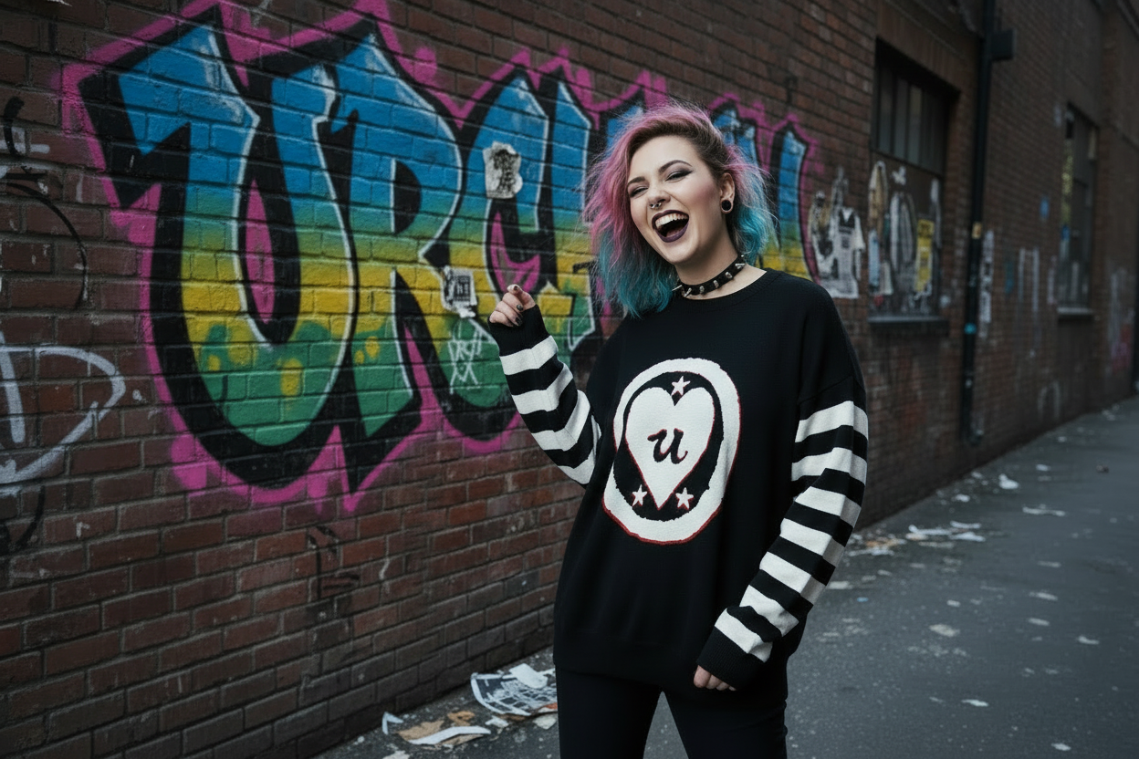 DARK URCHIN 'LOVE U' MENACE Relaxed fit knitted crew neck sweater. White Heart. XL