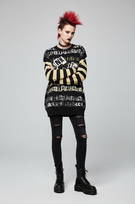 DARK URCHIN 'PUNK STATE' MENACE Unisex Relaxed fit knitted crew neck sweater.
