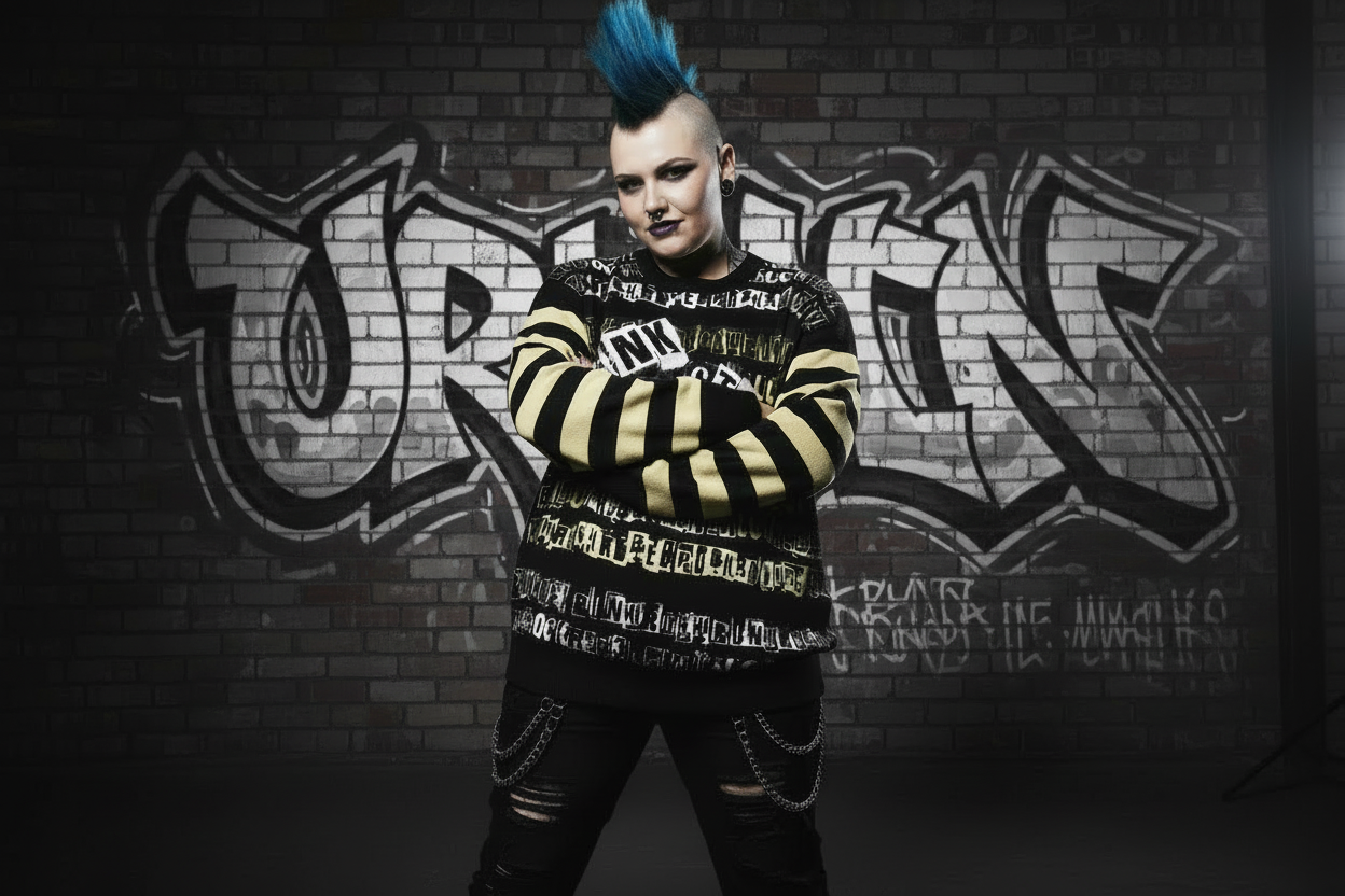 DARK URCHIN 'PUNK STATE' MENACE Unisex Relaxed fit knitted crew neck sweater.
