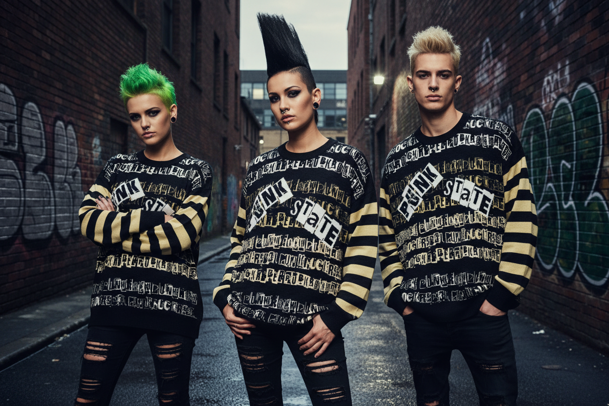 DARK URCHIN 'PUNK STATE' MENACE Unisex Relaxed fit knitted crew neck sweater.