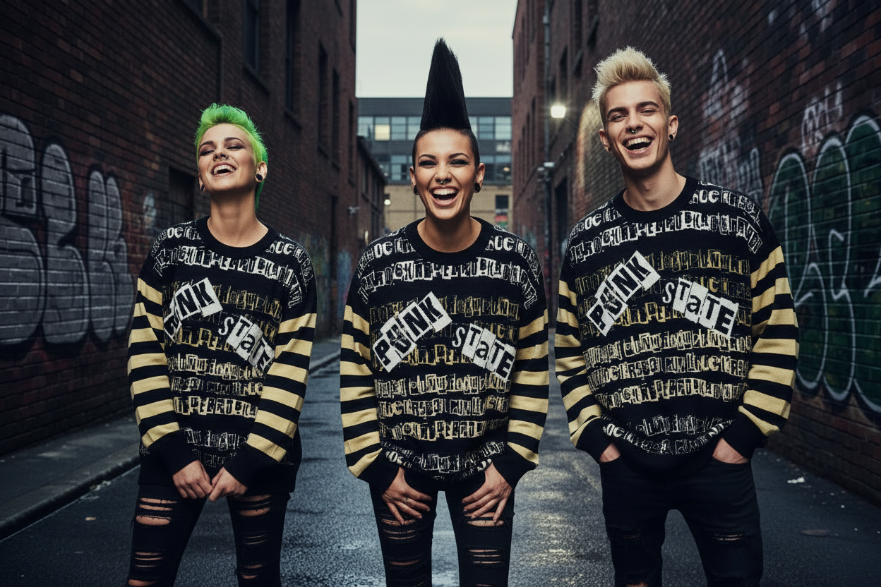 DARK URCHIN 'PUNK STATE' MENACE Unisex Relaxed fit knitted crew neck sweater.