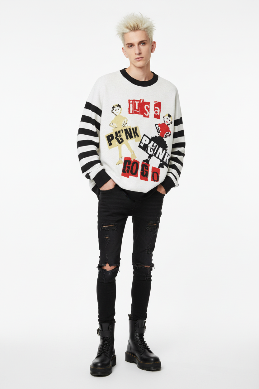 DARK URCHIN 'PUNK GO GO' Relaxed fit knitted crew neck sweater. 3 Size Options