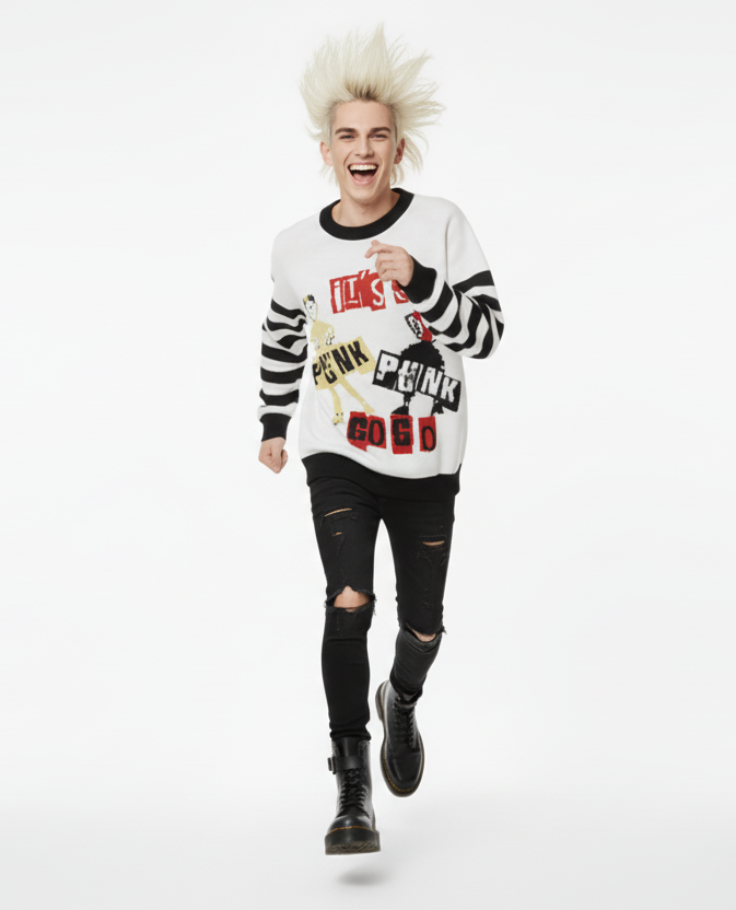 DARK URCHIN 'PUNK GO GO' Relaxed fit knitted crew neck sweater. 3 Size Options