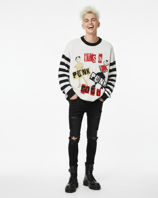 DARK URCHIN 'PUNK GO GO' Relaxed fit knitted crew neck sweater. 3 Size Options